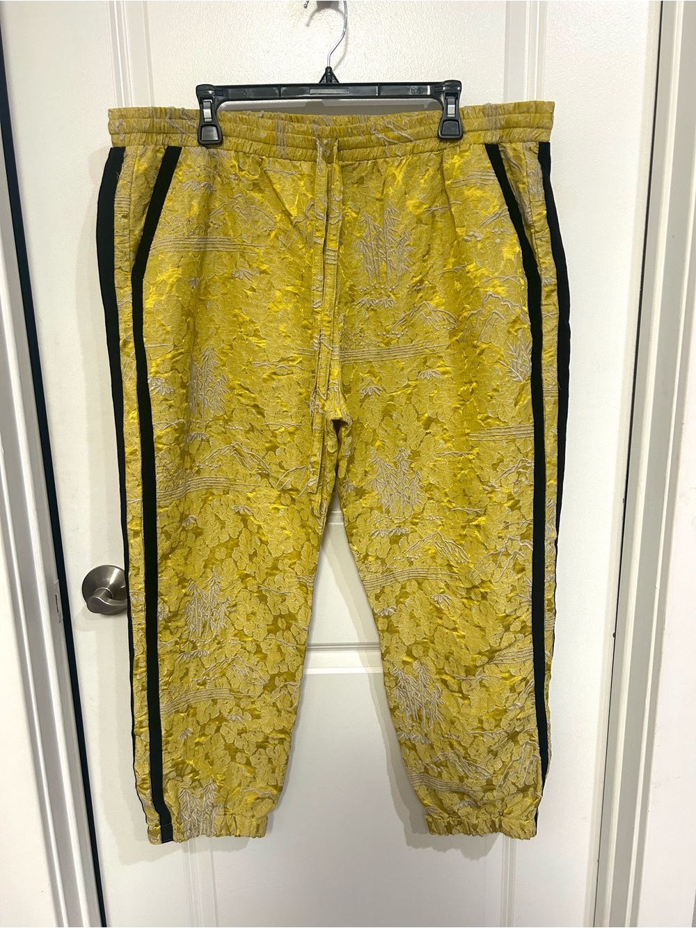 Johnny Was Yellow Floral Jacquard Track Joggers with Black Stripes